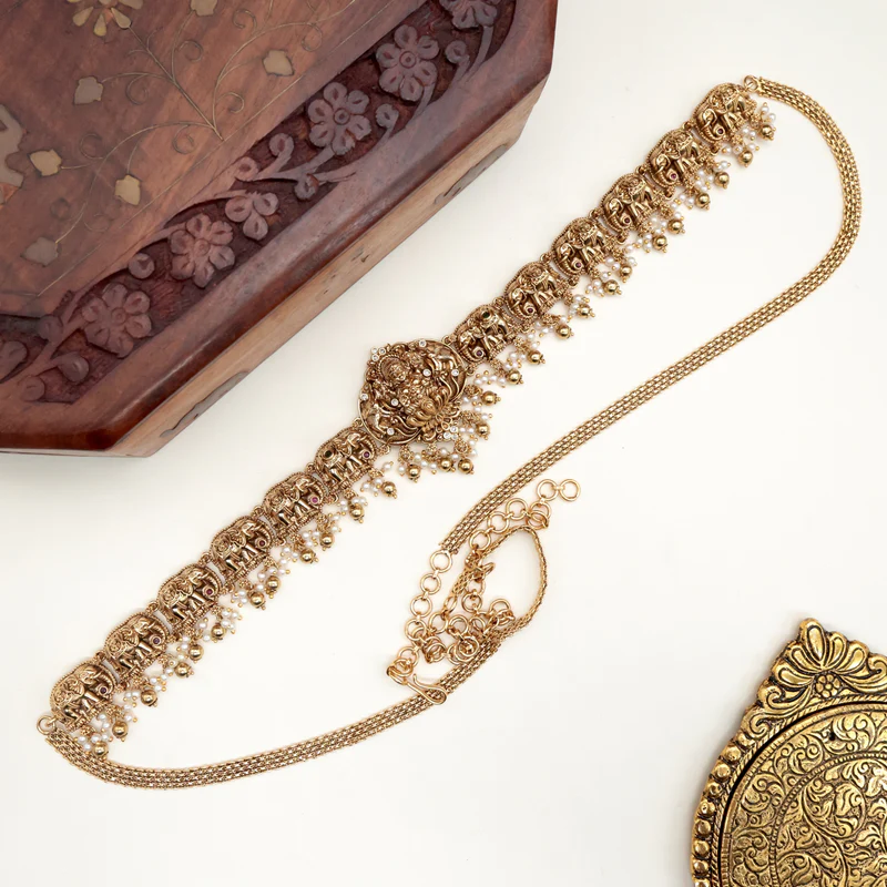 Antique Gold Nagas Royal Elephants Lakshmi Bridal Hip Chain